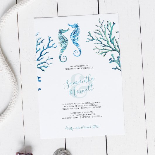 Invitation aquarelle Hippocampe Bleu Turquoise Déc
