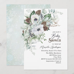 Invitation Aquarelle Hiver Anémones Baby shower Fleurs
