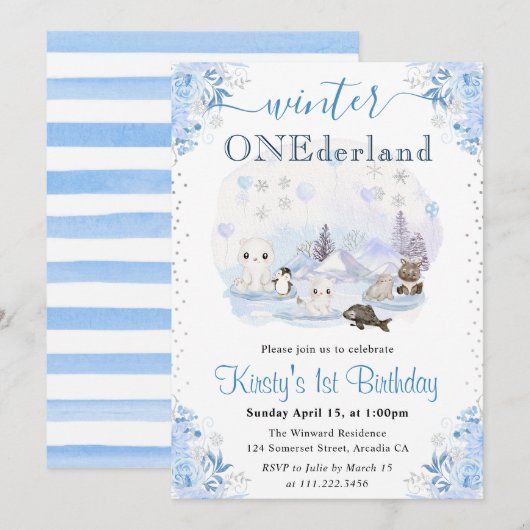 Invitation Aquarelle Hiver Animaux arctiques 1er anniversaire (Devant / Derrière)