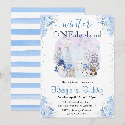 Invitation Aquarelle Hiver Animaux arctiques 1er anniversaire (Devant / Derrière)