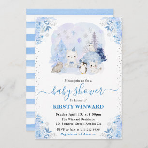 Invitation Aquarelle Hiver Baby shower des animaux de l'Arcti