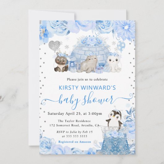 Invitation Aquarelle Hiver Baby shower des animaux de l'Arcti (Devant)