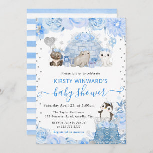 Invitation Aquarelle Hiver Baby shower des animaux de l'Arcti