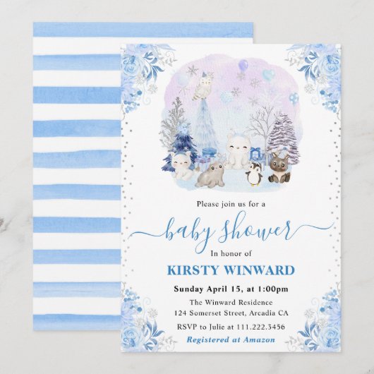 Invitation Aquarelle Hiver Baby shower des animaux de l'Arcti (Devant / Derrière)