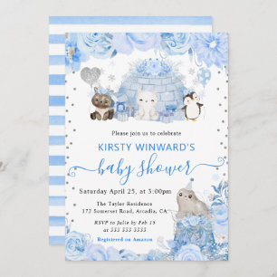 Invitation Aquarelle Hiver Baby shower des animaux de l'Arcti