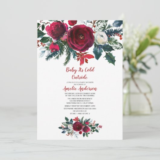 Invitation Aquarelle Hiver Bourgogne Baby shower Fleurs (Debout devant)