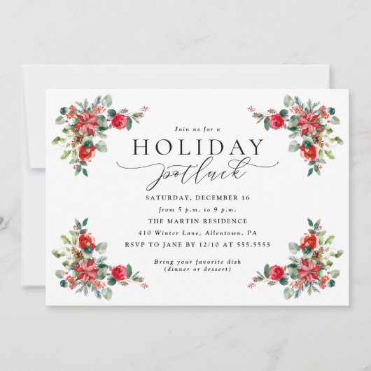 Invitation Aquarelle Hiver Floral Vacances Potluck (Devant)