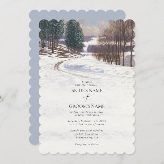Invitation Aquarelle Hiver Mariage paysage neige (Devant / Derrière)
