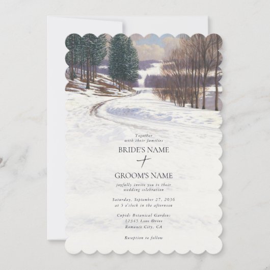 Invitation Aquarelle Hiver Mariage paysage neige (Devant)