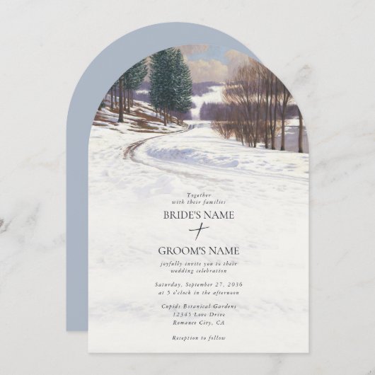 Invitation Aquarelle Hiver Mariage paysage neige (Devant / Derrière)