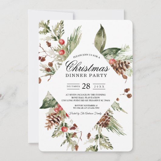 Invitation Aquarelle Hiver Pin vert Arbre et Pin Cône Inv (Devant)