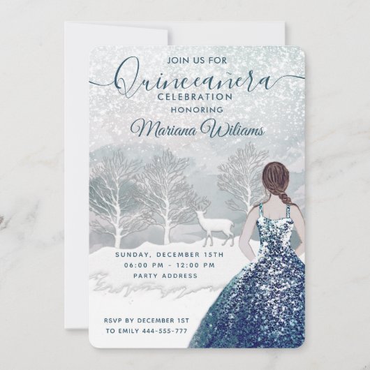 Invitation Aquarelle hiver scène bleu robe Quinceañera (Devant)