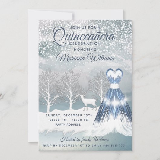 Invitation Aquarelle hiver scène bleu robe Quinceañera (Devant)