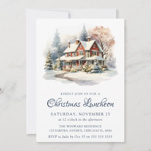 Invitation Aquarelle Hiver Snowy Scene Déjeuner de Noël (Devant)