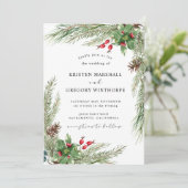 Invitation Aquarelle Hiver Verdure Berries rouges Mariage (Debout devant)