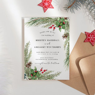 Invitation Aquarelle Hiver Verdure Berries rouges Mariage