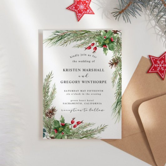 Invitation Aquarelle Hiver Verdure Berries rouges Mariage