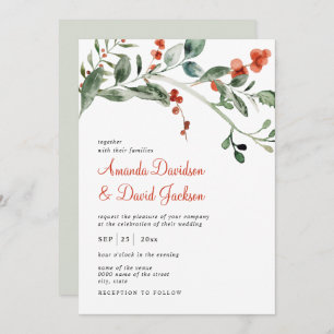 Invitation Aquarelle hiver verdure et Mariage de baies rouges