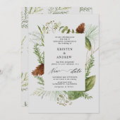 Invitation aquarelle hiver verdure reportée Mariage (Devant / Derrière)