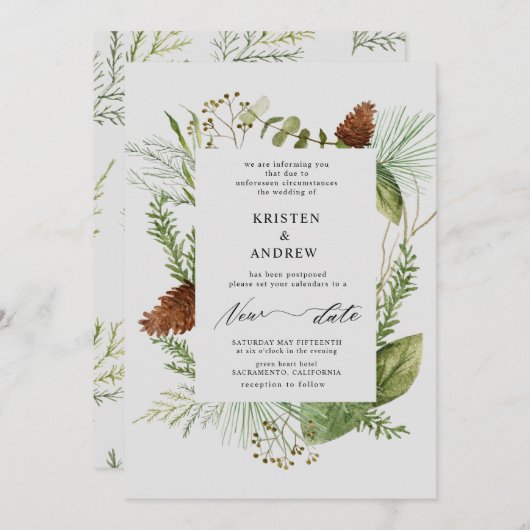 Invitation aquarelle hiver verdure reportée Mariage (Devant / Derrière)