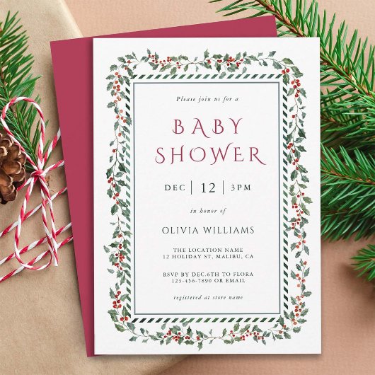Invitation Aquarelle Holly Berry Frame Baby shower