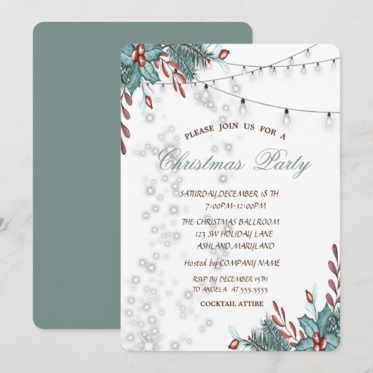 Invitation Aquarelle Holly Berry, Lumières, Noël (Devant / Derrière)