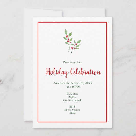 Invitation Aquarelle Holly Sprigs et Motif (Devant)