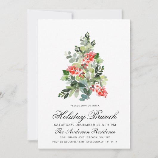 Invitation Aquarelle Holly Tree Noël Brunch (Devant)
