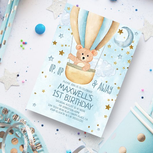 Invitation Aquarelle Hot Air Boloon Ours Garçon Anniversaire