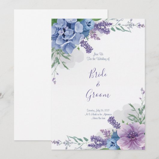 Invitation Aquarelle Hydrangea Bleu Fleur Lavande Violette Fl (Devant / Derrière)
