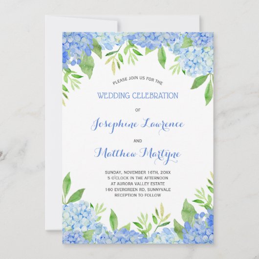 Invitation Aquarelle Hydrangea Blue Floral Mariage (Devant)