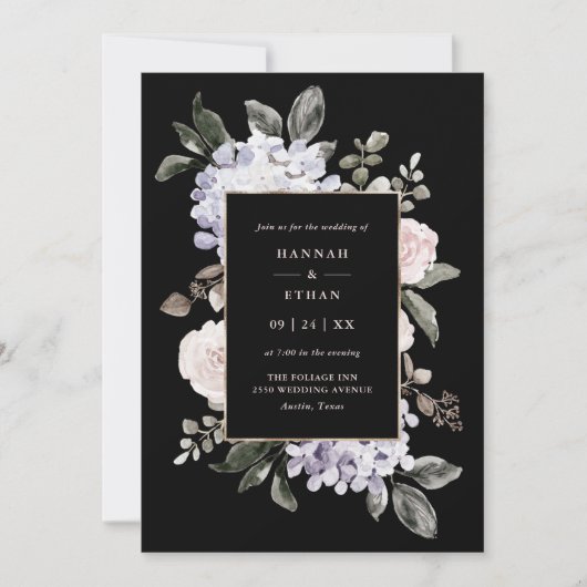 Invitation Aquarelle Hydrangea Floral sur noir| Mariage (Devant)