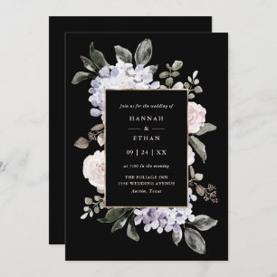 Invitation Aquarelle Hydrangea Floral sur noir  Mariage