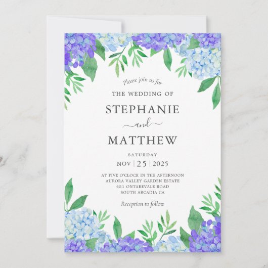 Invitation Aquarelle Hydrangea Mariage bleu violet (Devant)