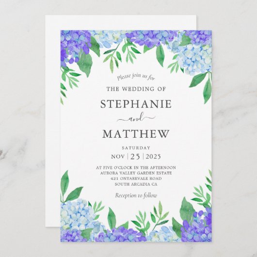 Invitation Aquarelle Hydrangea Mariage bleu violet (Devant / Derrière)