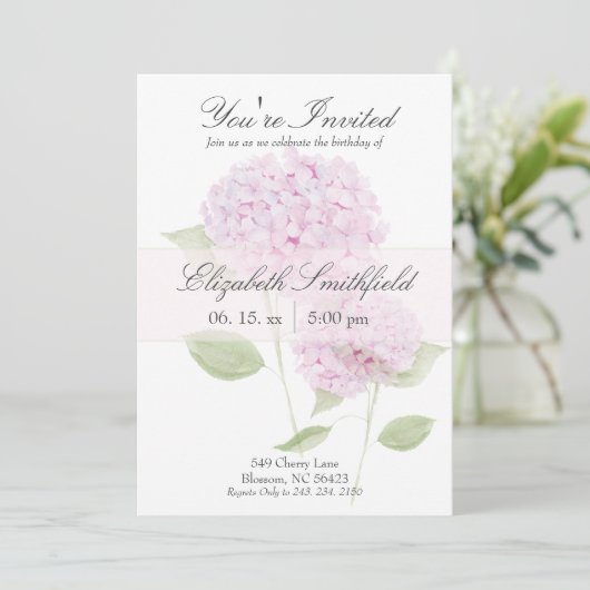 Invitation aquarelle Hydrangea rose (Debout devant)