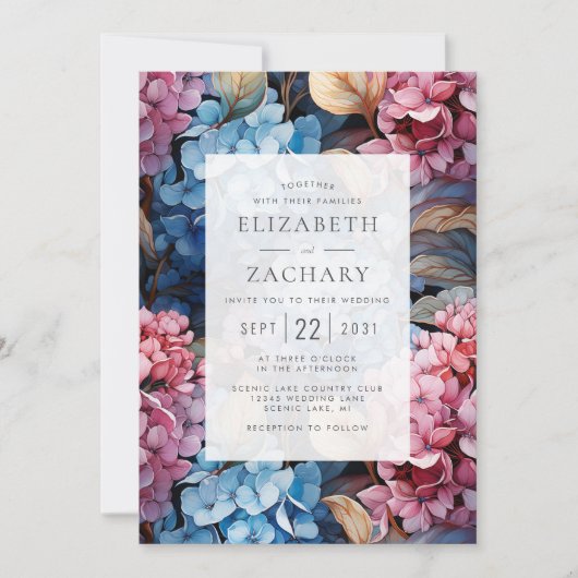 Invitation Aquarelle Hydrangeas Mariage bleu rose (Devant)