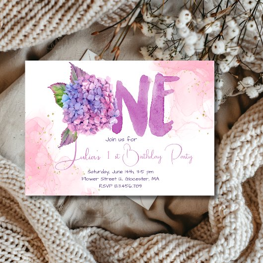 Invitation Aquarelle hydrangée premier anniversaire