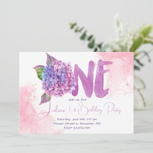 Invitation Aquarelle hydrangée premier anniversaire (Debout devant)