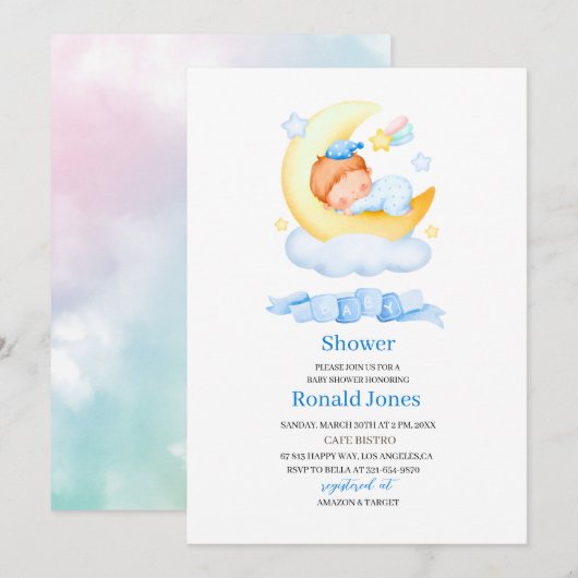 Invitation Aquarelle il est garçon Bleu Boho Nursery Baby Sho (Devant / Derrière)