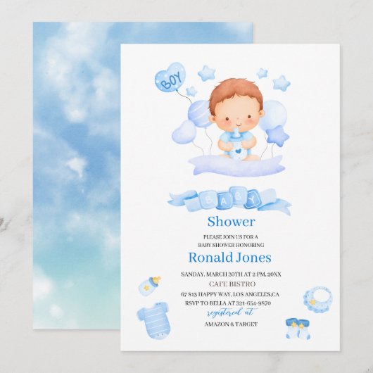 Invitation Aquarelle il est garçon Bleu Boho Nursery Baby Sho (Devant / Derrière)