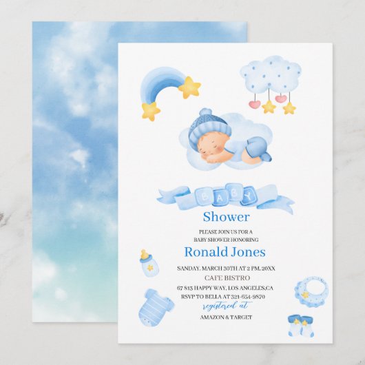 Invitation Aquarelle il est garçon Bleu Boho Nursery Baby Sho (Devant / Derrière)