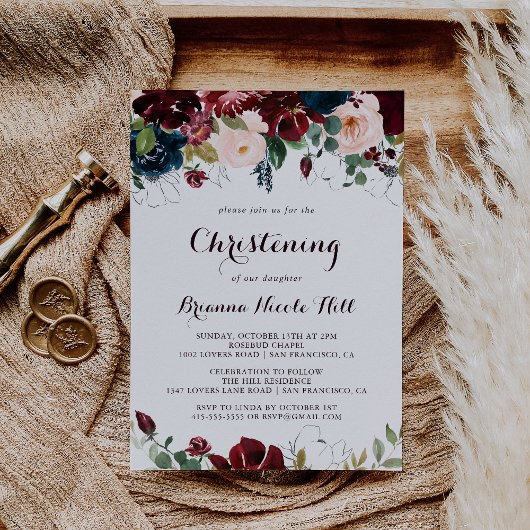 Invitation Aquarelle Illustré Automne Floral Christening