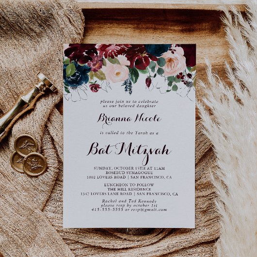 Invitation Aquarelle illustrée Bat mitzvah de calligraphie