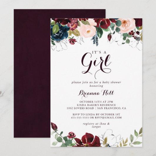 Invitation Aquarelle illustrée C'est un Baby shower pour fill (Devant / Derrière)