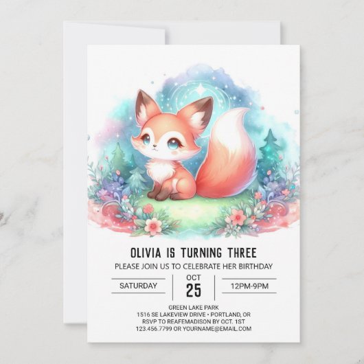 Invitation Aquarelle Imaginaire Fox Anniversaire numérique (Devant)