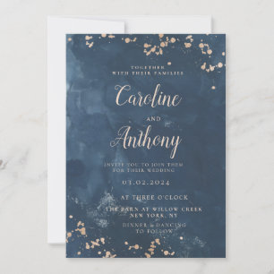 Invitation Aquarelle Indigo Blue Rose or Mariage