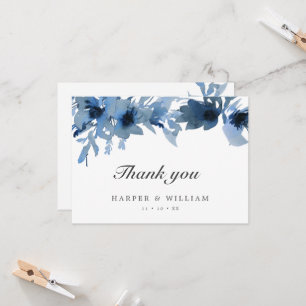 Invitation Aquarelle indigo fleurs bleues merci note