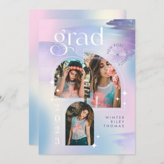 Invitation Aquarelle Iridescente Pastel Étoile 3 Photo Grad (Devant / Derrière)