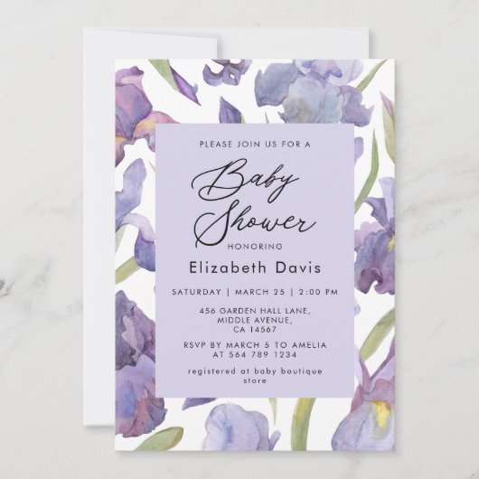 Invitation Aquarelle Iris Floral Spring Garden Baby shower (Devant)